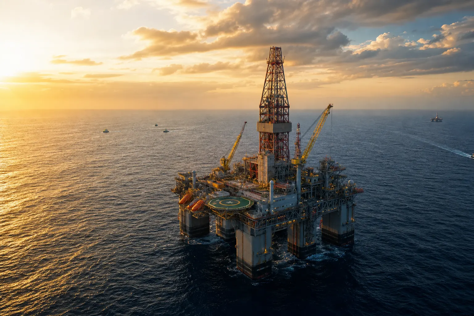 Offshore oil rig at golden hour