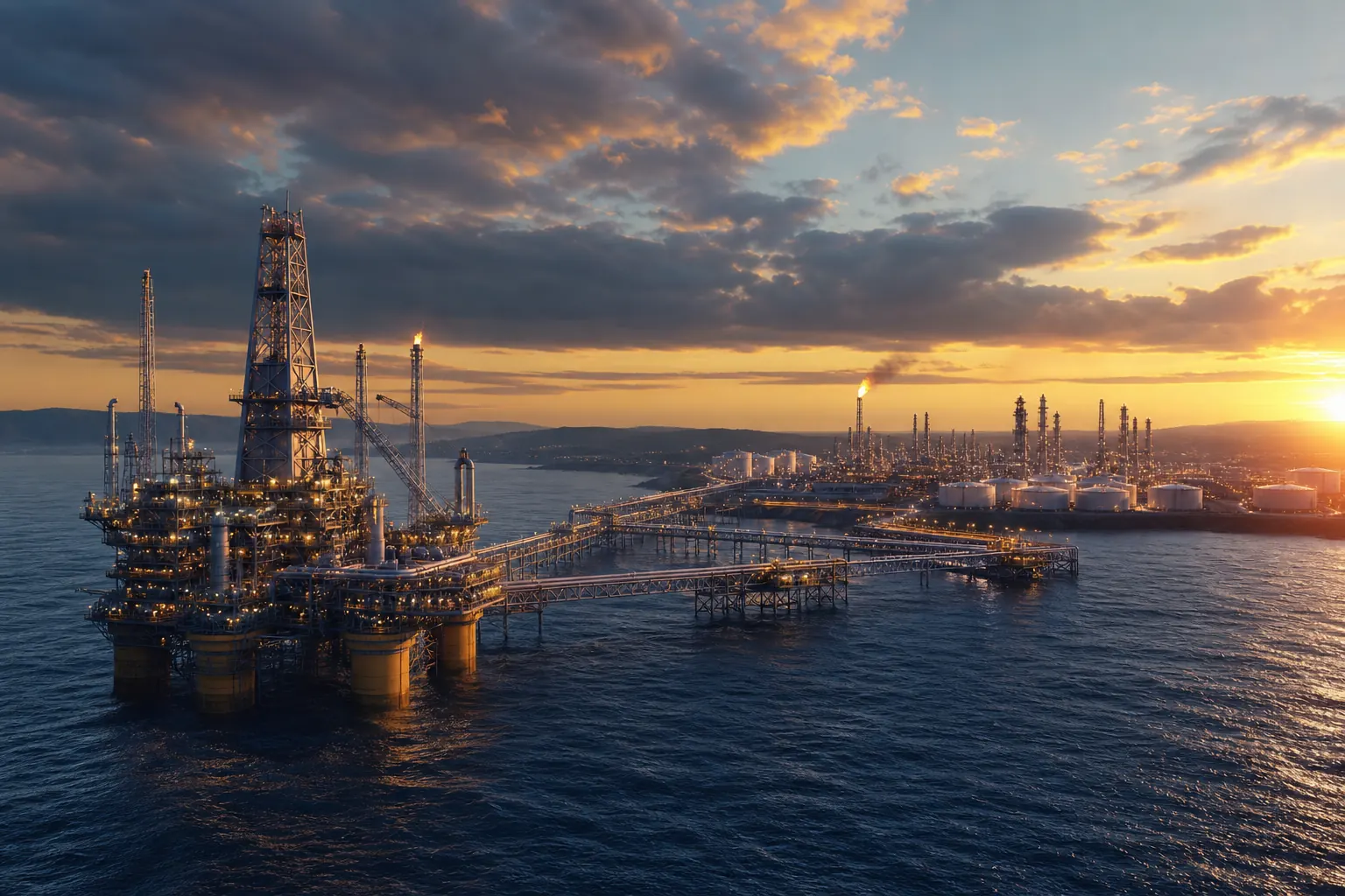 Offshore oil platform and coastal refinery at golden sunset