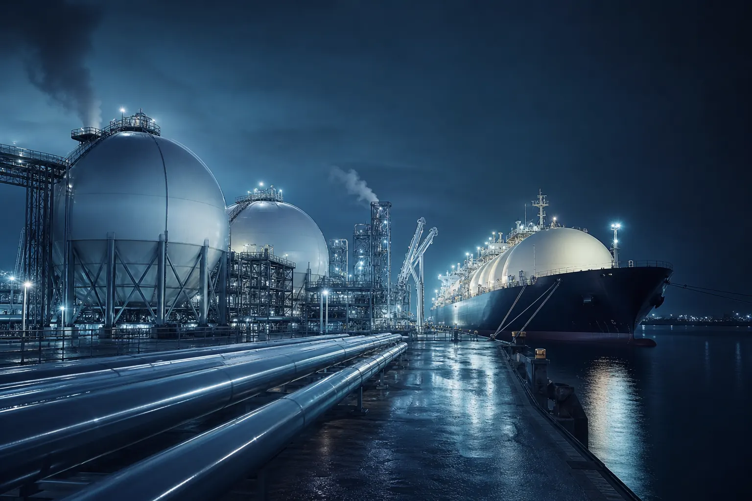 LNG terminal and carrier at night